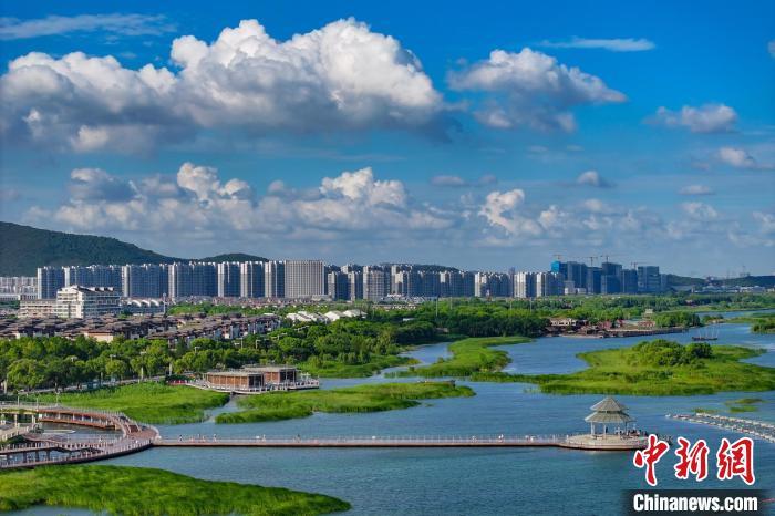 資料圖：航拍蘇州太湖湖濱國家濕地公園，藍(lán)天碧水生態(tài)美。 泱波 攝