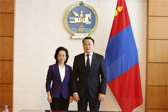 10月31日，中國(guó)駐蒙古國(guó)大使沈敏娟到任拜會(huì)蒙政府辦公廳主任兼蒙古人民黨總書(shū)記阿瑪爾巴伊斯格楞（右）。中國(guó)駐蒙古使館供圖