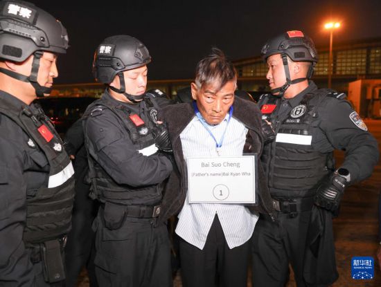 1月30日，在緬甸內(nèi)比都國際機場，緬甸警方依法向我公安機關(guān)移交緬北重大犯罪嫌疑人白所成。新華社記者 殷剛 攝