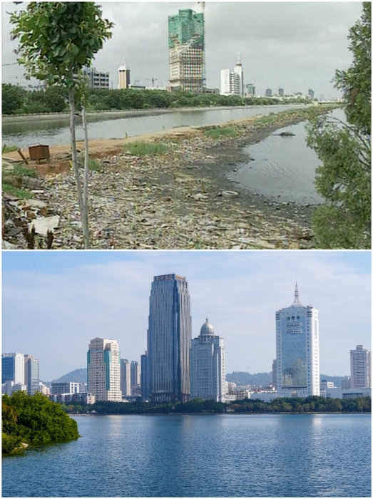 上圖：筼筜湖治理前資料圖。下圖：筼筜湖如今的美麗風光。人民網(wǎng)記者 吳超嵐攝