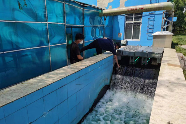 邯鄲市雞澤縣藍天污水處理廠員工正在出水口進行水質(zhì)檢測。鄭佳欣攝