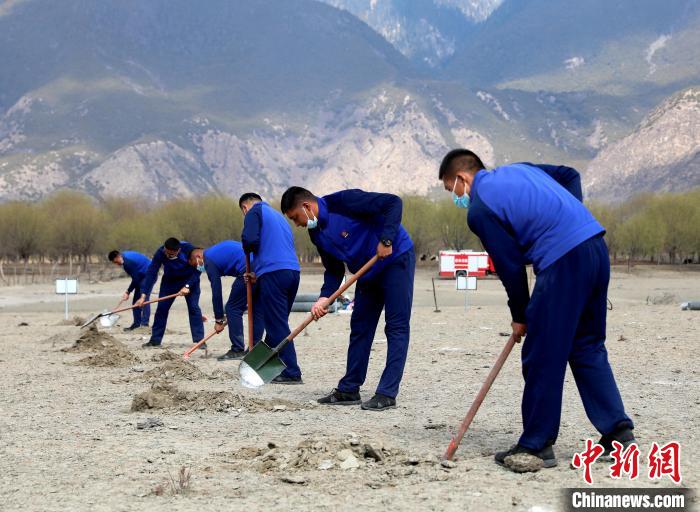 林芝市巴宜區(qū)森林消防中隊志愿服務(wù)隊正在揮鍬鏟土?！∥骼@拉翁 攝