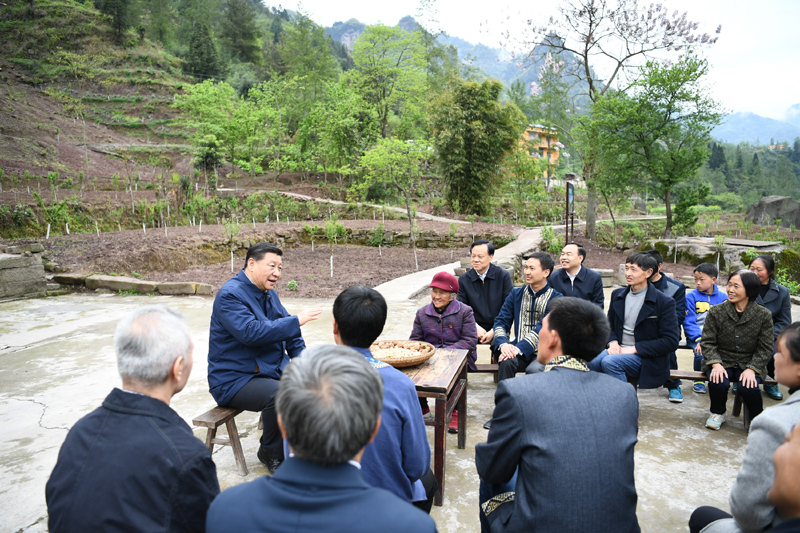 2019年4月15日至17日，中共中央總書(shū)記、國(guó)家主席、中央軍委主席習(xí)近平在重慶考察，并主持召開(kāi)解決“兩不愁三保障”突出問(wèn)題座談會(huì)。這是4月15日下午，習(xí)近平在石柱土家族自治縣中益鄉(xiāng)華溪村同村民代表、基層干部、扶貧干部、鄉(xiāng)村醫(yī)生等圍坐在一起，共話脫貧攻堅(jiān)。新華社記者 謝環(huán)馳 攝