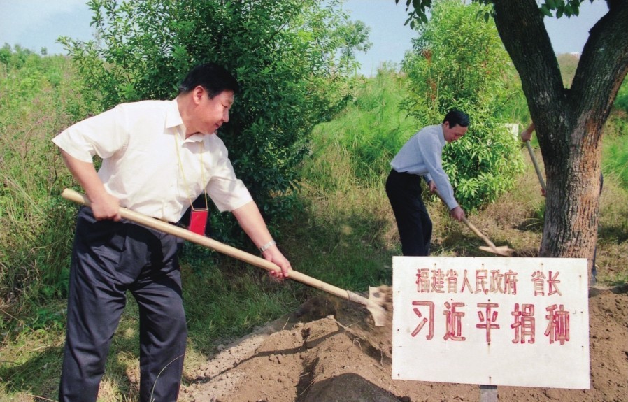 2001年10月，習近平在龍巖市長汀縣調(diào)研水土流失治理工作，在河田世紀生態(tài)園為樹培土。圖源：《習近平在福建（下）》