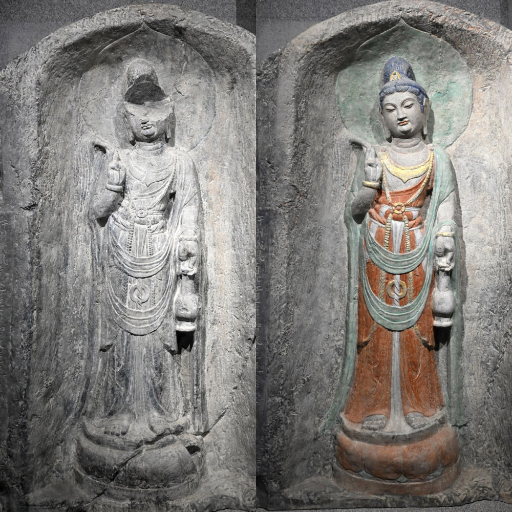 左圖為龍門石窟萬佛洞窟前南壁菩薩造像的3D打印模型；右圖為利用數(shù)字化技術(shù)復原后的3D打印模型（2025年4月10日攝，拼版照片）。復原后的像龕精妙絕倫，栩栩如生，被游客譽為“龍門最美菩薩”。圖片來源新華社