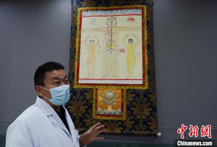 圖為興海縣藏醫(yī)院院長介紹藏醫(yī)四部醫(yī)典詳實(shí)圖?！●R銘言 攝
