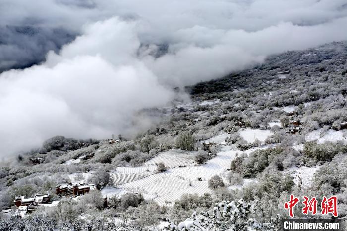 雪后的丹巴半山云霧繚繞?！±钣腊?攝