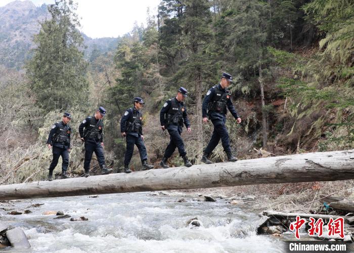 山南邊境管理支隊玉麥邊境派出所民警邊境巡邏途中走過河道上“獨木橋”。　鄭琦山 攝